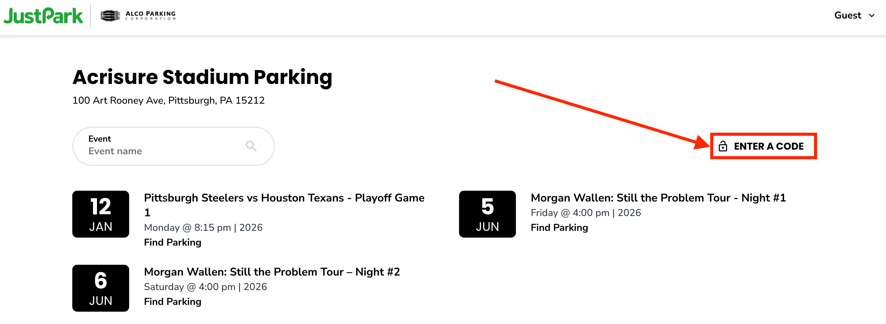 Enter a Code button on Steelers playoff parking page